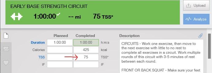 screenshot of the TrainingPeaks app depicting calculation of total load weightlifting using TSS