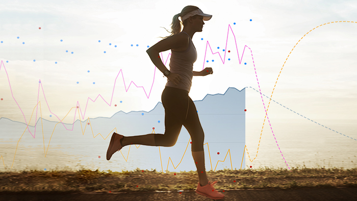 Image Of A Female Runner Running On A Road With Training Data Graphics In Background During Her Marathon Taper