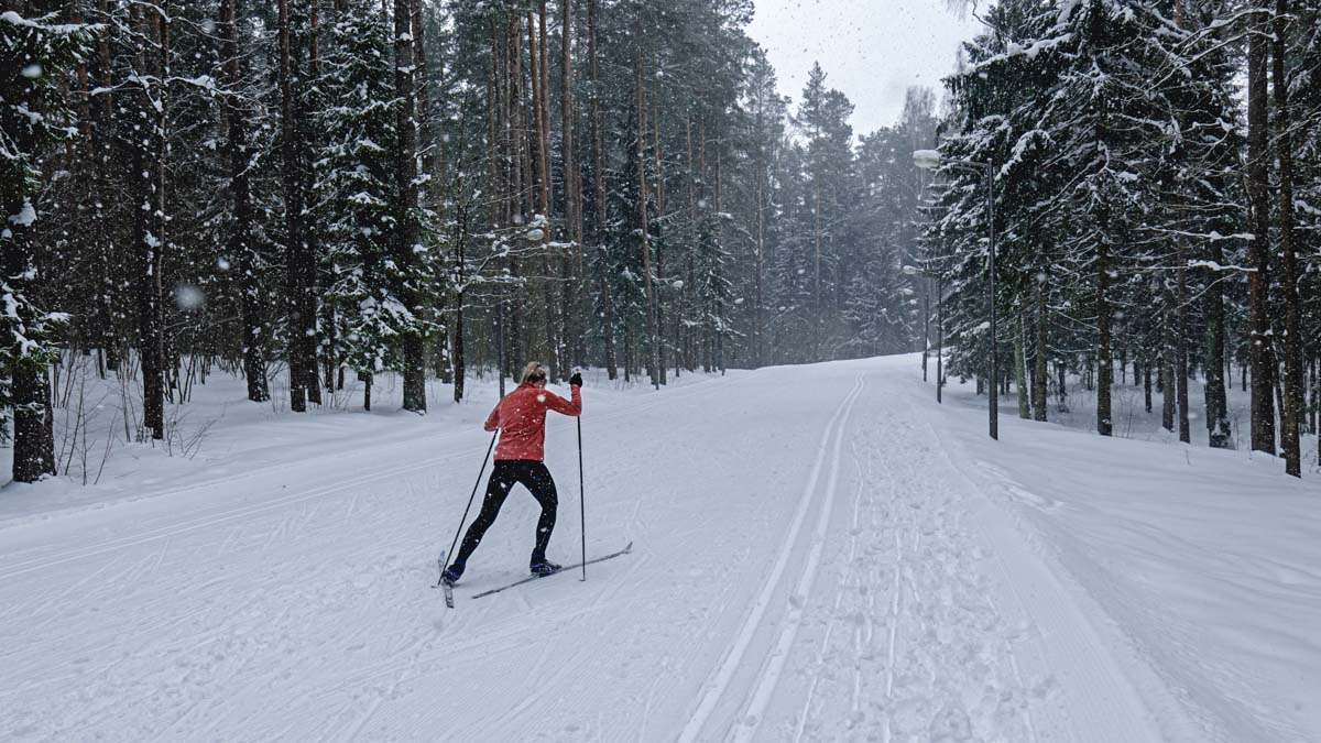 Young Adult Caucasian Female Practising Cross Country Skiing On