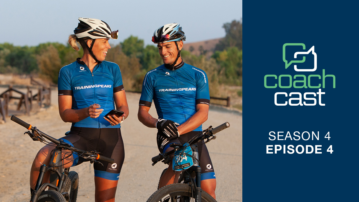 Joy And Brian Mcculloch Talking While Stopped In Trainingpeaks Kits On Their Mountain Bikes For A Cover Photo