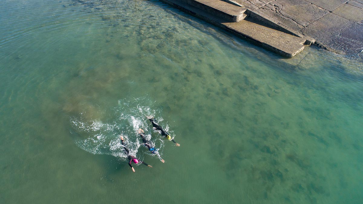 Three Triathletes In Wetsuits Swim In The Ocean Just Off Of The Shore