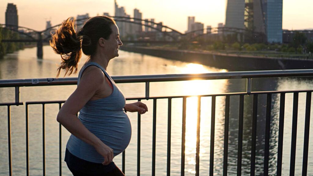 Active pregnant woman running across the bridge with a beautiful view of the city