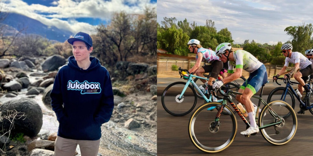 two photos of Dylan Johnson, at left, a portrait, at right, he's in a bike race as the group navigates a corner