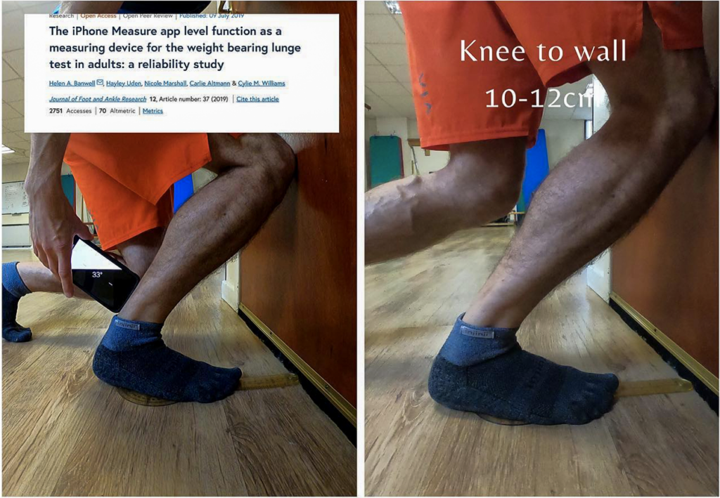 a man demonstrating how to measure the ankle angle for running injury prevention