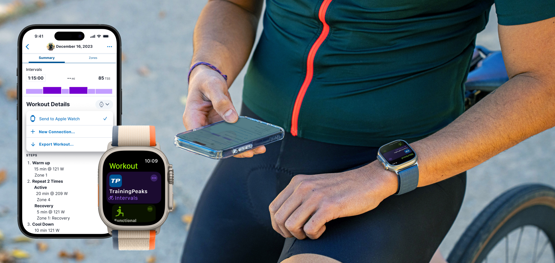 Cyclist syncs his workout from TrainingPeaks to Apple Watch and is seen sitting on his bike. TrainingPeaks workout are displayed on a watch and a phone.