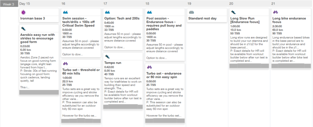 screenshot of week 3 of an ironman training plan