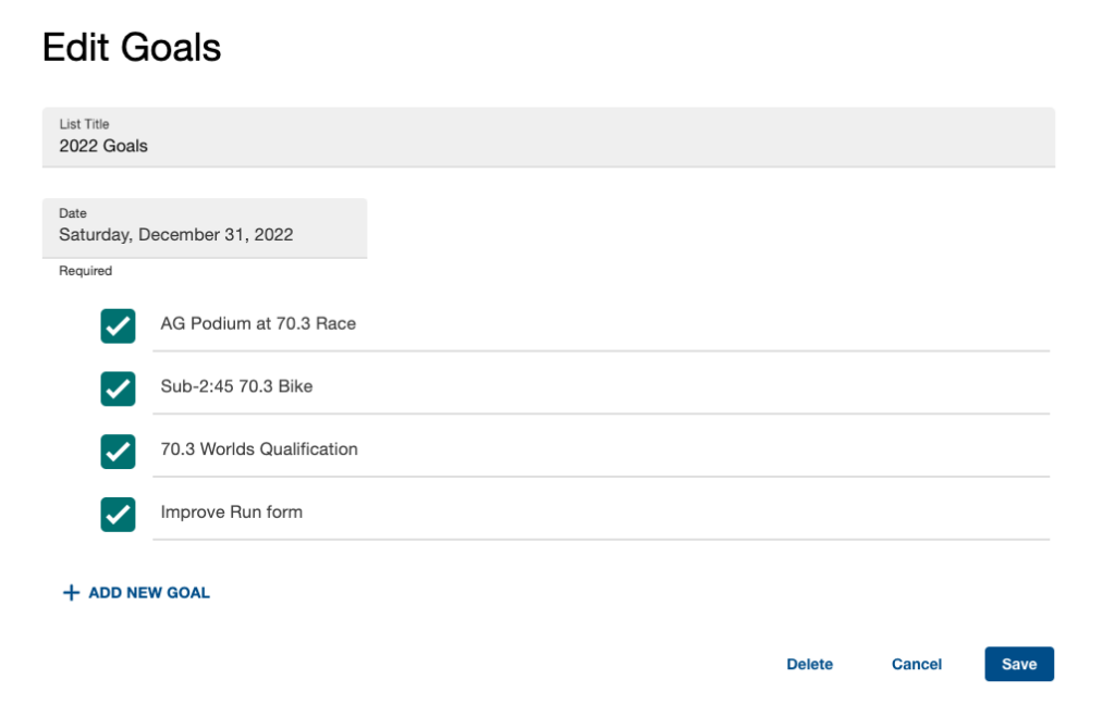 a screenshot of example goals listed in TrainingPeaks