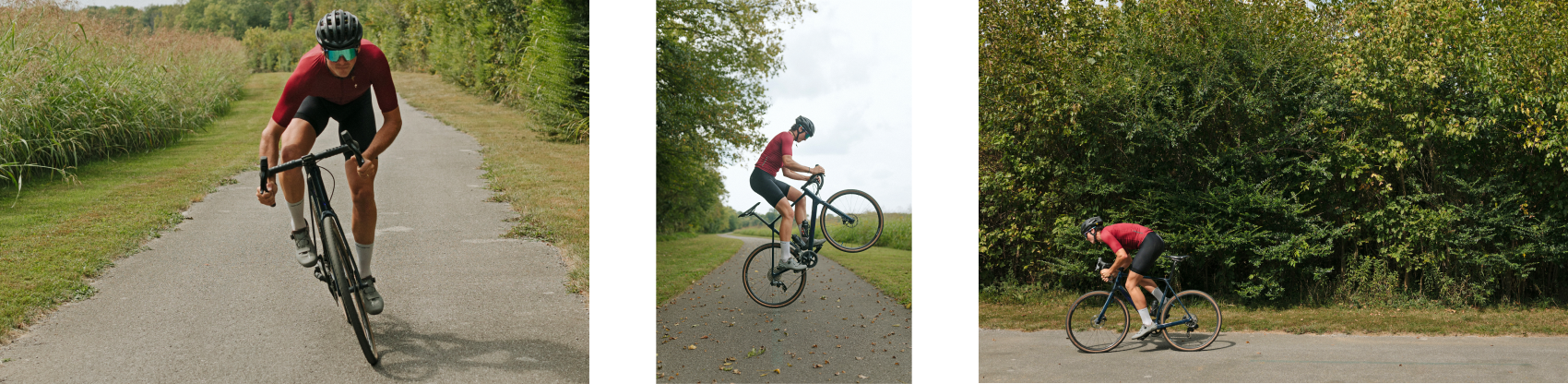 Coach Ruben Bacon rides his bike on a variety of road surfaces